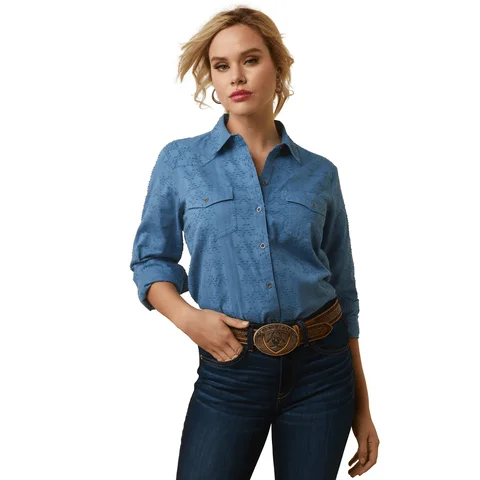 Ariat Women's Sharing Copen Blue Long Sleeve Button Down Shirt 10043657 Cozy Striped Short Sleeve