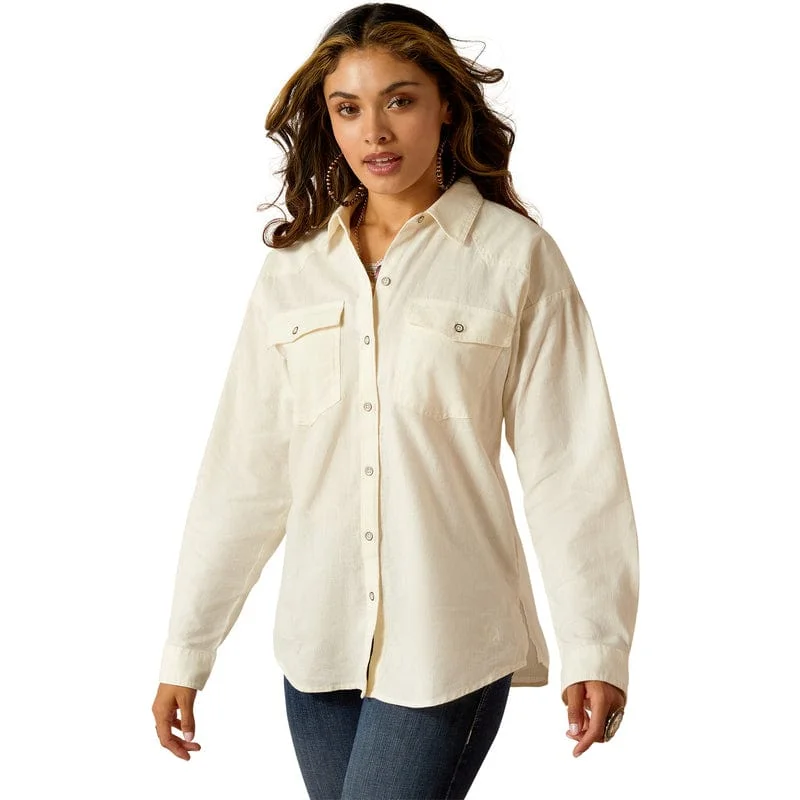 Ariat Women's Wilkes Cloud Dancer Long Sleeve Blouse Shirt 10051288 Trendy Tie-Front Short Shirt