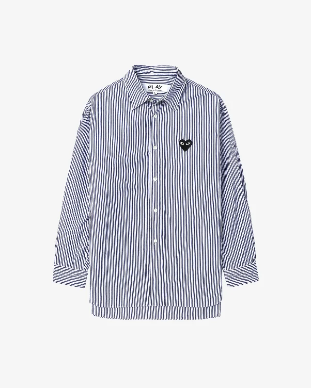 B018 UNISEX BLACK HEART SHIRT / BLUE WHITE STRIPE Trendy Ruffled Short Sleeve