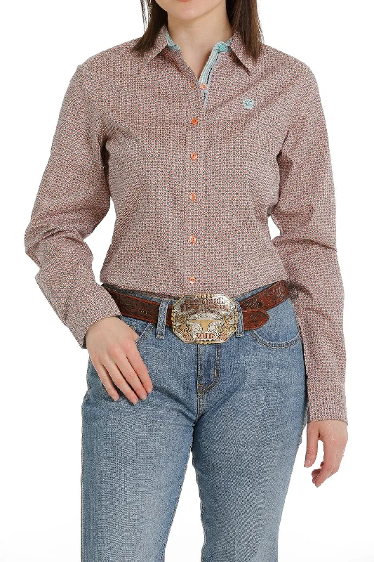 Cinch Women's Coral/Light Blue Print Long Sleeve Button Down Western Shirt MSW9165030 Relaxed Button-Down Short Shirt Cinch Women's Coral/Light Blue Print Long Sleeve Button Down Western Shirt MSW9165030 Relaxed Button-Down Short Shirt