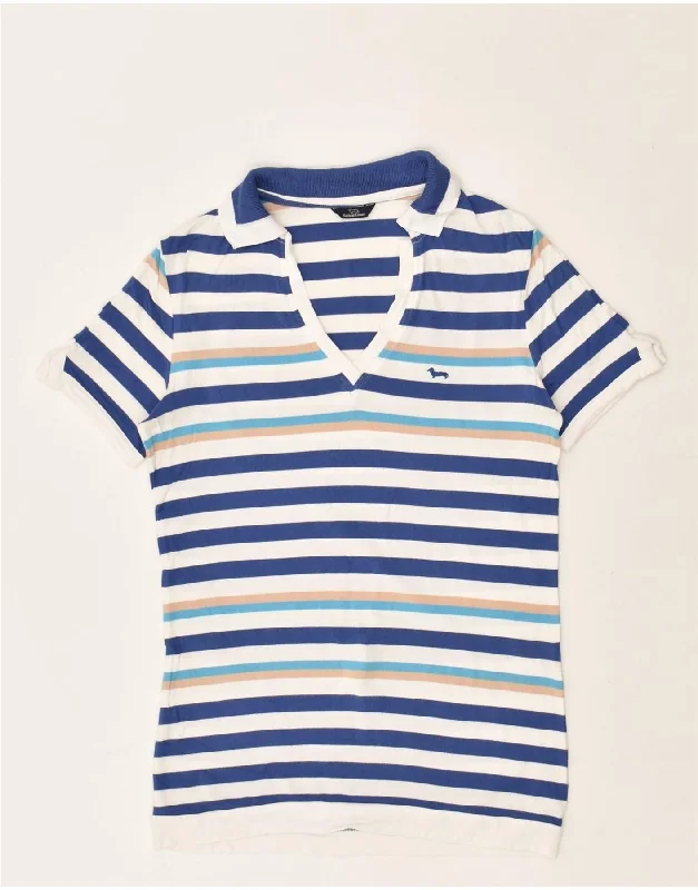 HARMONT & BLAINE Womens Polo Shirt UK 12 Medium Blue Striped Viscose Casual Short Sleeve Top