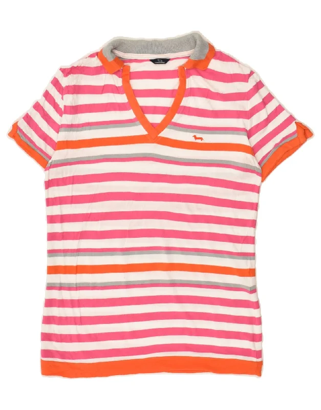 HARMONT & BLAINE Womens Polo Shirt UK 14 Large Pink Striped Viscose Trendy Short Sleeve Tunic