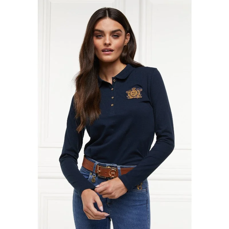 Holland Cooper Long Sleeve Crest Ladies Polo Shirt - Ink Navy Comfortable Summer Short Shirt Holland Cooper Long Sleeve Crest Ladies Polo Shirt - Ink Navy Comfortable Summer Short Shirt