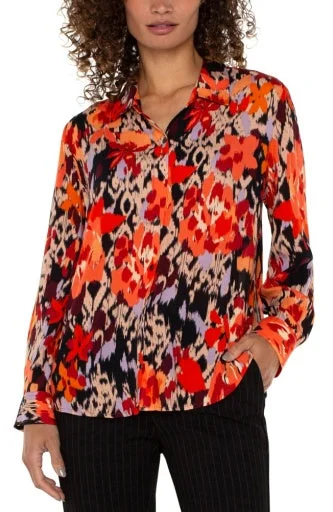 Long Sleeve Button Front Woven Shirt Elegant Silk Short Shirt