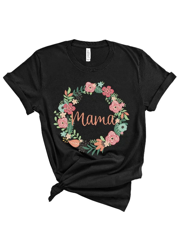 Mama Coral & Green Floral Wreath Shirt - Women's Classic Cropped Short Sleeve