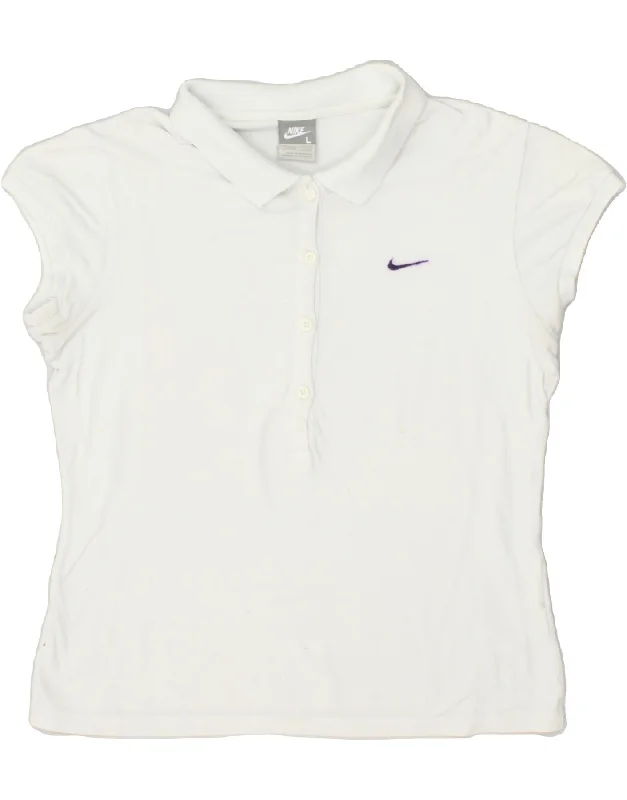 NIKE Womens Polo Shirt UK 14/16 Large White Cotton Chic Embellished Short Sleeve