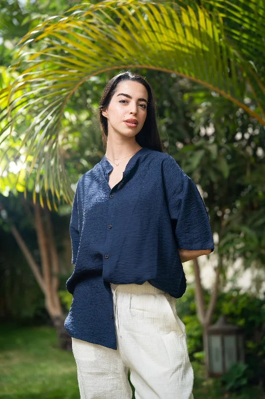 Oversized Short Sleeve Linen Shirt - Navy Elegant Off-Shoulder Short Shirt