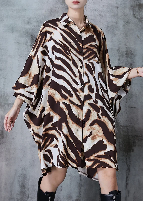 Plus Size Oversized Leopard Print Chiffon Long Shirts Batwing Sleeve Elegant Button-Down Short Shirt