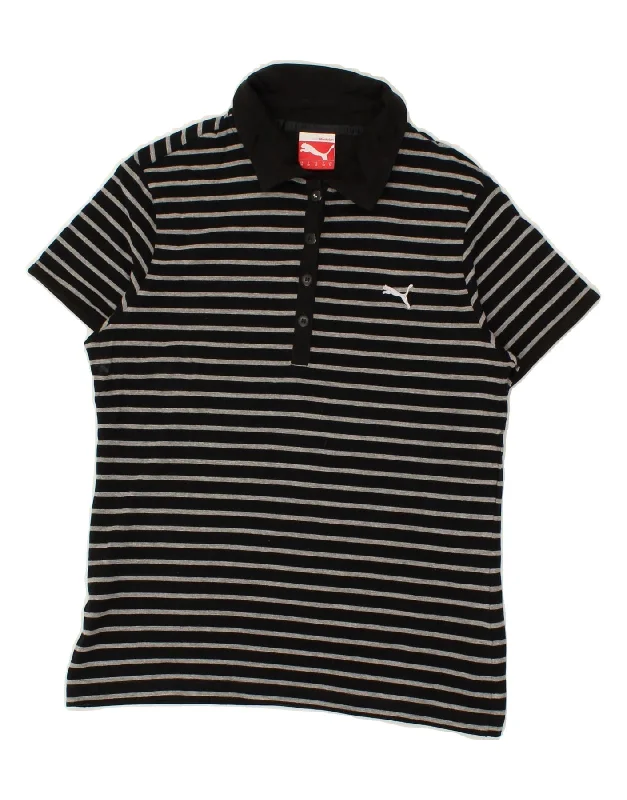 PUMA Womens Polo Shirt UK 12 Medium Black Striped Cotton Stylish Short Sleeve Top