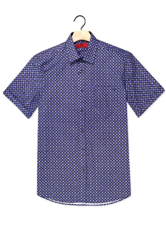 R.F. Scott - Fields Shirt  - Blue Square/Geo Trendy Summer Short Sleeve