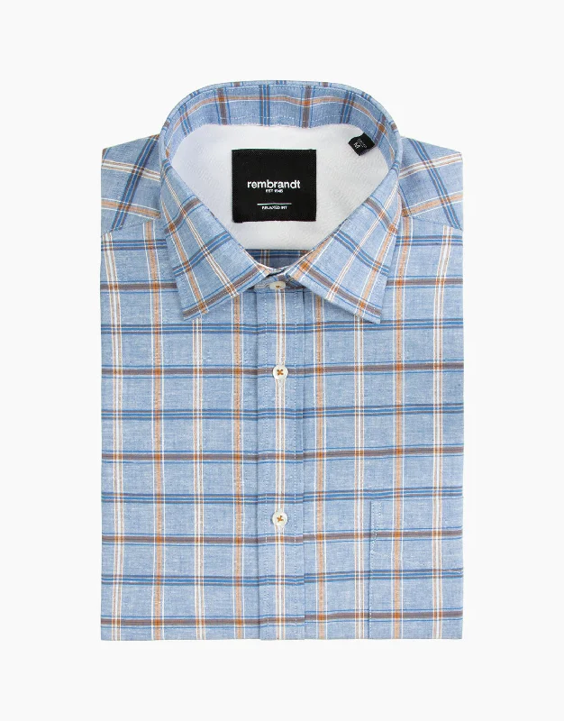 Rembrandt -Sinatra Shirt - Blue/Brown Check Trendy Floral Short Sleeve