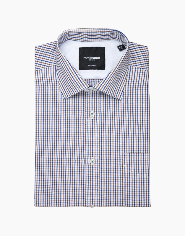 Rembrandt - Sinatra Shirt - Brown/Navy Check Fashionable Cuffed Short Sleeve