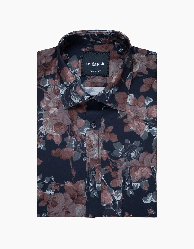 Rembrandt - Sinatra Shirt - Black/Pink Rose Print Trendy Tie-Front Short Shirt