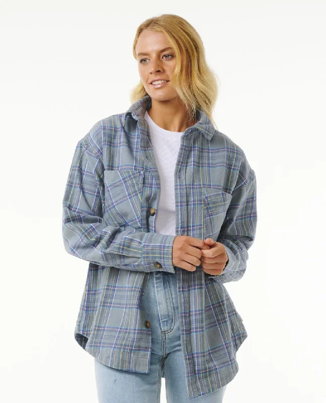 Rip Curl High Tide Soft Flannel L/S Shirt-Mineral Blue Comfortable Peplum Short Shirt