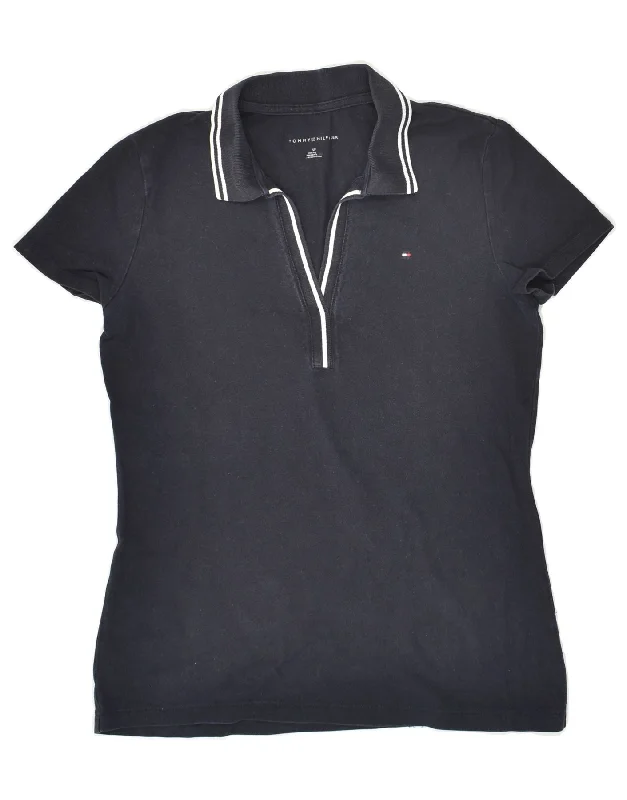 TOMMY HILFIGER Womens Polo Shirt UK 10 Small Navy Blue Cotton Soft Silk Short Sleeve