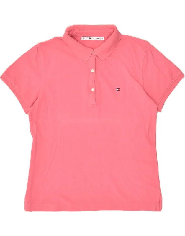 TOMMY HILFIGER Womens Polo Shirt UK 12 Medium Pink Cotton Trendy Turtleneck Short Shirt