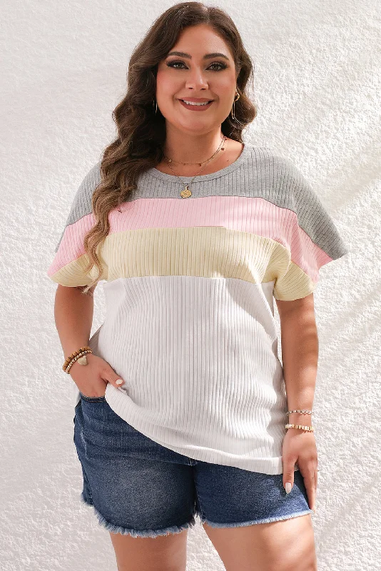 White Colorblock Patchwork Batwing Sleeve Ribbed Plus T Shirt Comfortable Short Sleeve Blouse