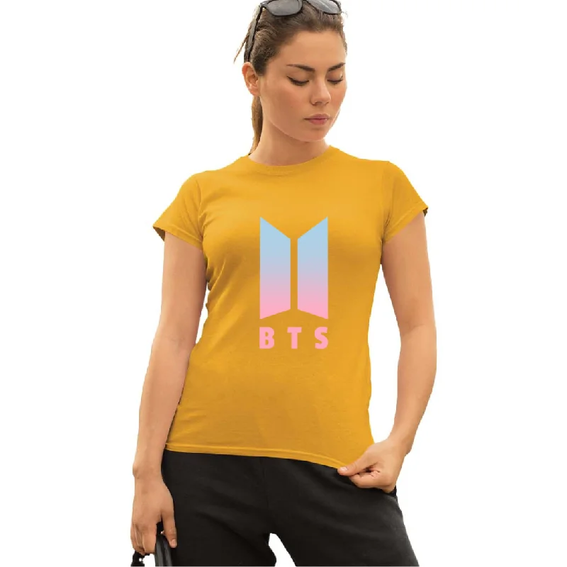 WOMENS BTS -1 PRINTED TSHIRT - MUSTARD Elegant Silk Short Shirt