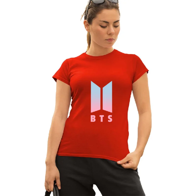 WOMENS BTS -1 PRINTED TSHIRT - RED Fashionable Draped Short Sleeve