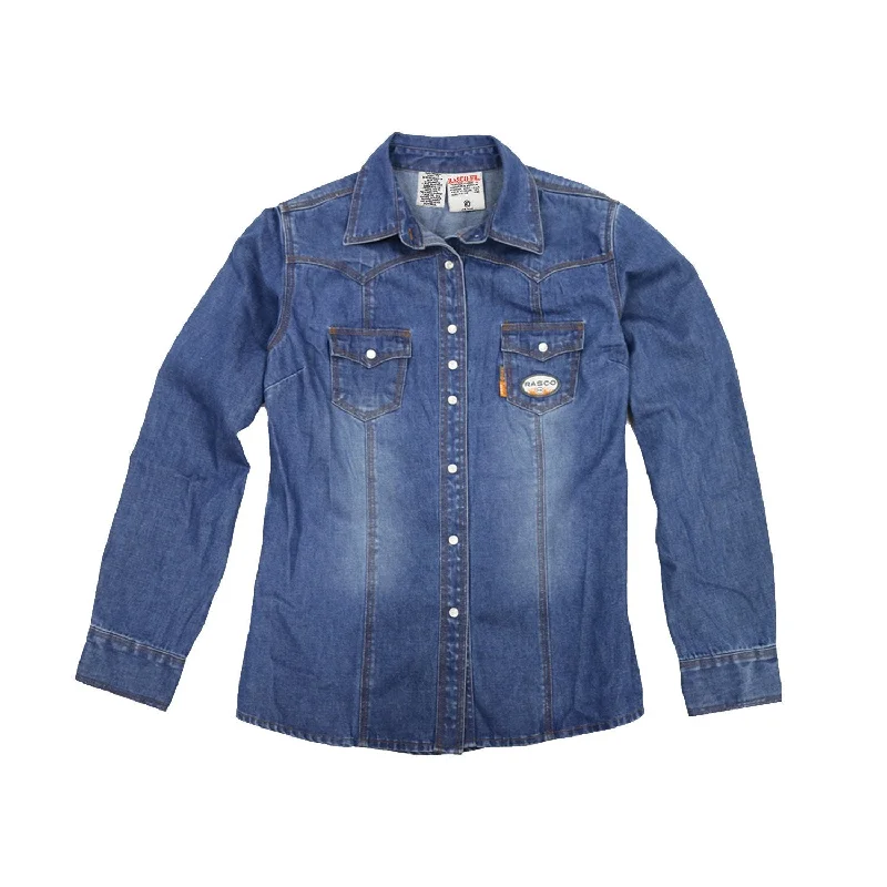 Women's Flame Resistant Blue Denim Work Shirt - W-DFR751 Elegant Longline Short Shirt