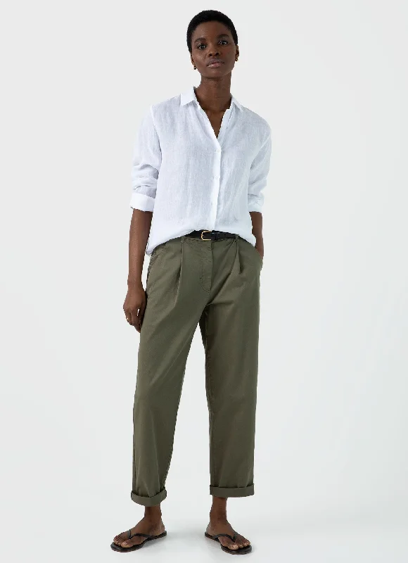 Women's Linen Shirt in White Classic Cropped Short Sleeve