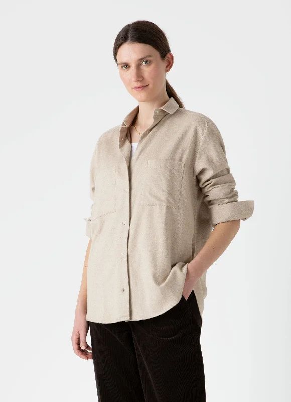 Women's Oversized Flannel Shirt in Oatmeal Melange Casual Boxy Short Shirt