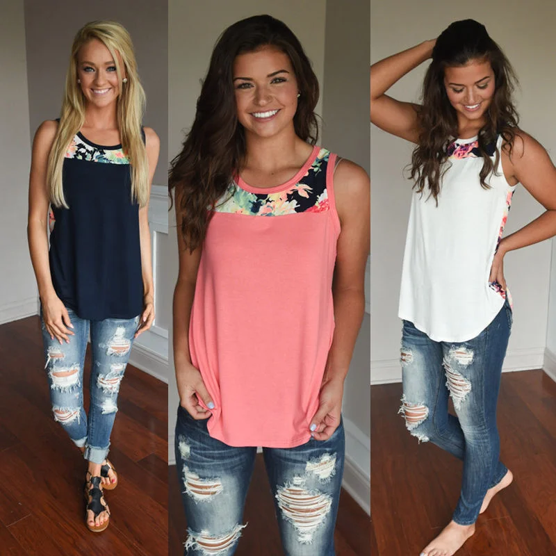 Women's Sleeveless O-Neck Floral Printed Shirt Chic Embellished Short Sleeve