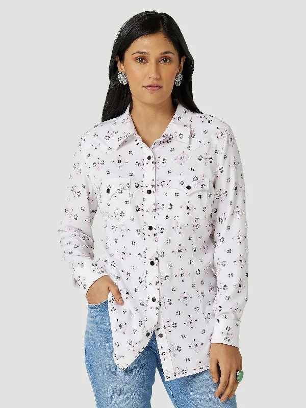 WOMEN'S WRANGLER RETRO® GEO PRINT WESTERN SNAP SHIRT IN WHITE TEC *FREE SHIPPING* FREE GIFT* Fashionable Short Sleeve Vest WOMEN'S WRANGLER RETRO® GEO PRINT WESTERN SNAP SHIRT IN WHITE TEC *FREE SHIPPING* FREE GIFT* Fashionable Short Sleeve Vest