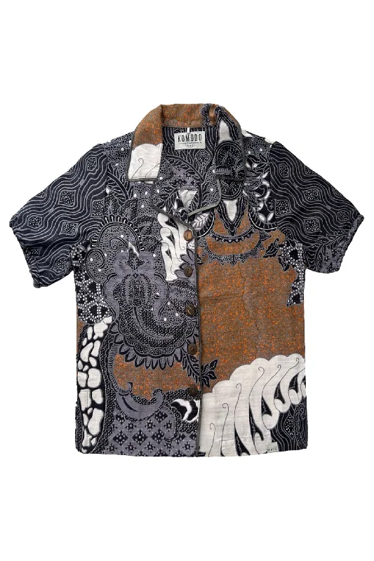 Zori Shirt Batik Print Brown/Black Soft Silk Short Sleeve