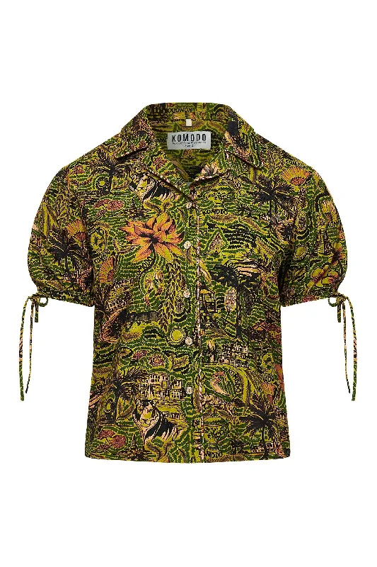 Zori Shirt Tropical Print Green Trendy Button-Front Short Sleeve