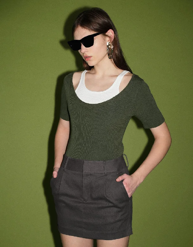 2 In 1 Skinny Knitted T-Shirt Front Pockets Side Pockets Patch Pockets