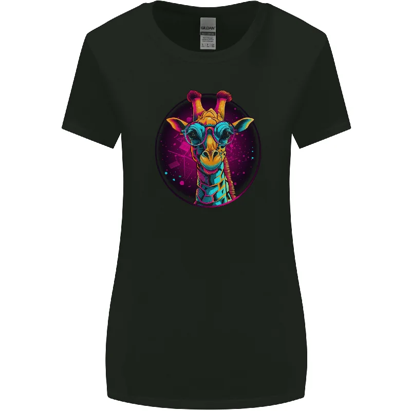 A Retrowave Giraffe Womens Wider Cut T-Shirt Graphic Embroidered Appliqued