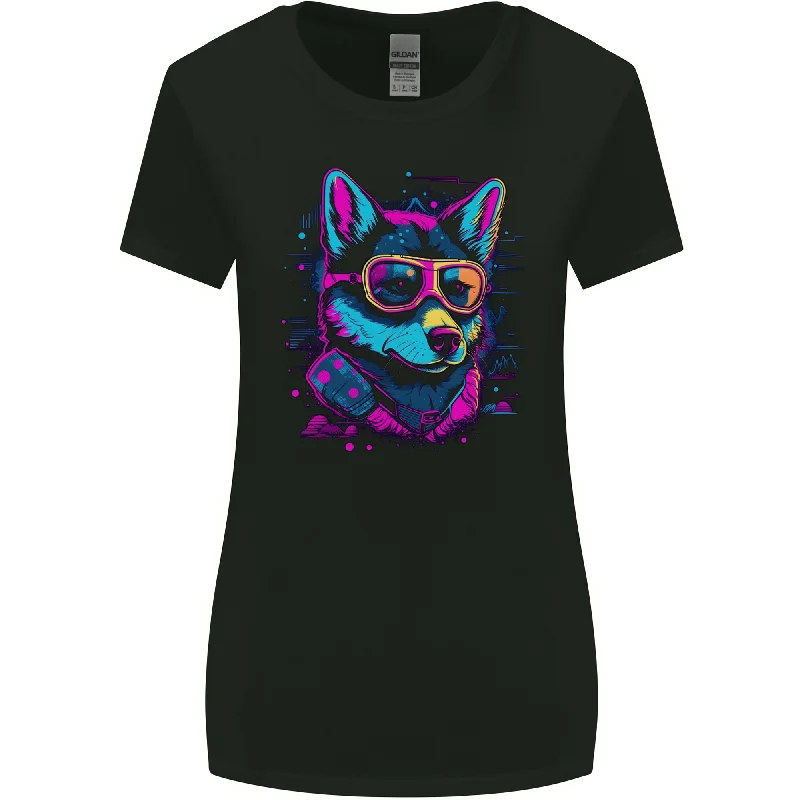 A Retrowave Husky Dog Womens Wider Cut T-Shirt Terry Blend Velvet Blend Canvas Blend