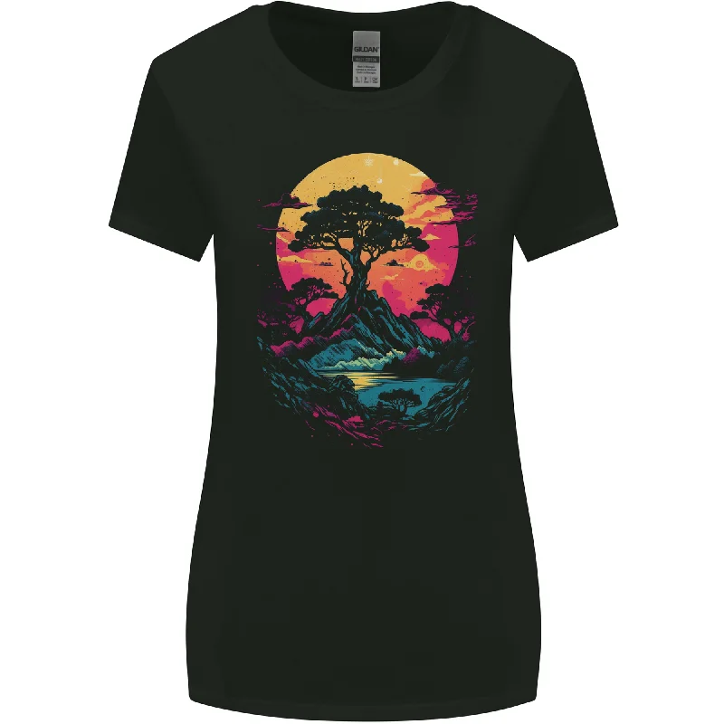 A Retrowave Landscape Outdoors Hiking Womens Wider Cut T-Shirt Print Jacquard Patchwork