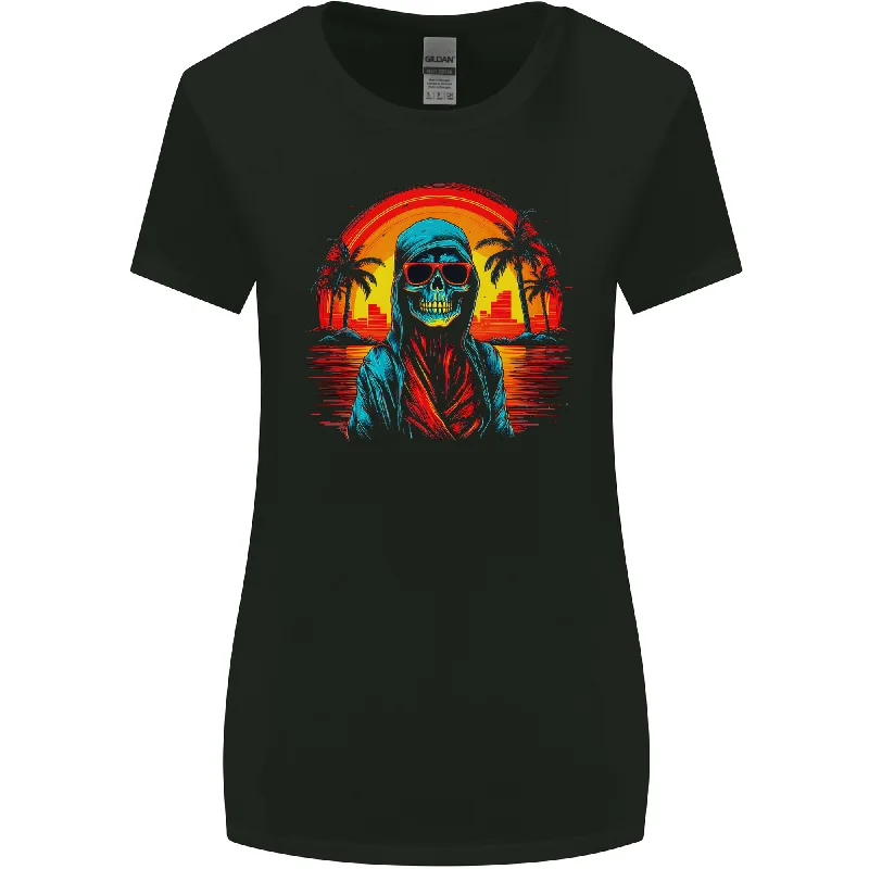 A Retrowave Skeleton Holiday Sunset Skull Womens Wider Cut T-Shirt Spandex Blend Rayon Blend Denim Blend