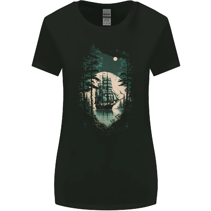 A Sailing Ship in the Moonlight Sailor Womens Wider Cut T-Shirt Hooded Caped Shawl Collar