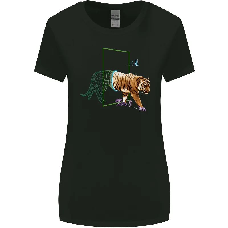 A SCI-FI Tiger Womens Wider Cut T-Shirt Real Fur Shearling Chenille