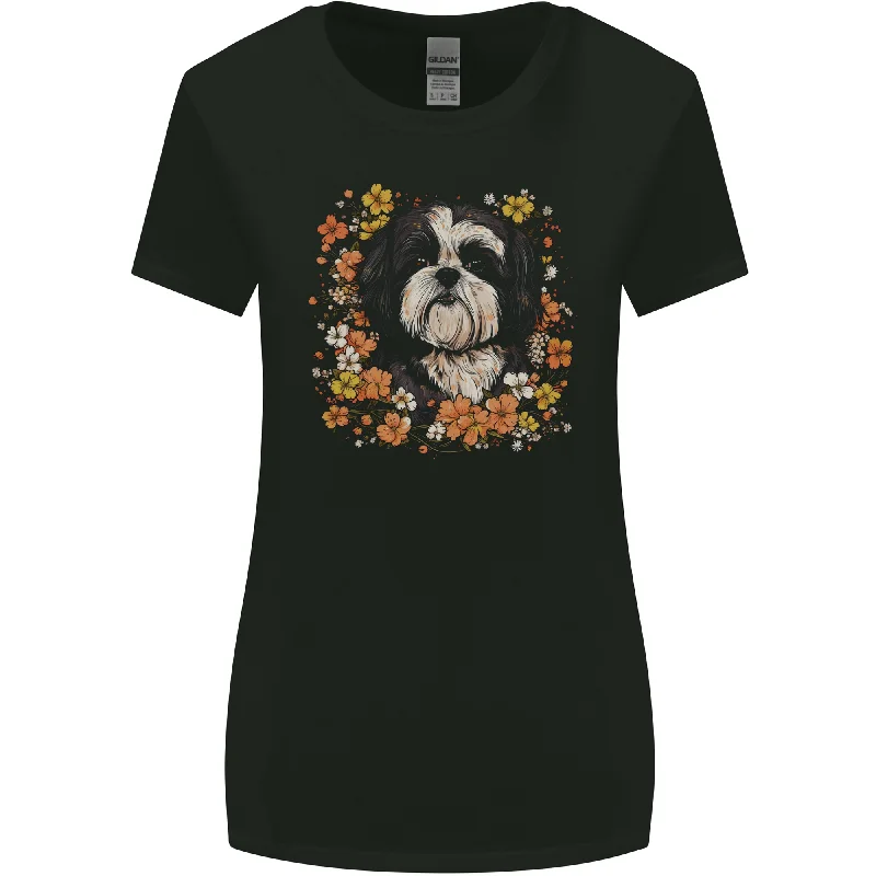 A Shih Tzu Dog Surrounded by Flowers Womens Wider Cut T-Shirt Asymmetrical Pockets Print