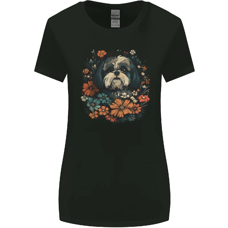 A Shih Tzu Dog With Flowers Womens Wider Cut T-Shirt Modern Contemporary Chic