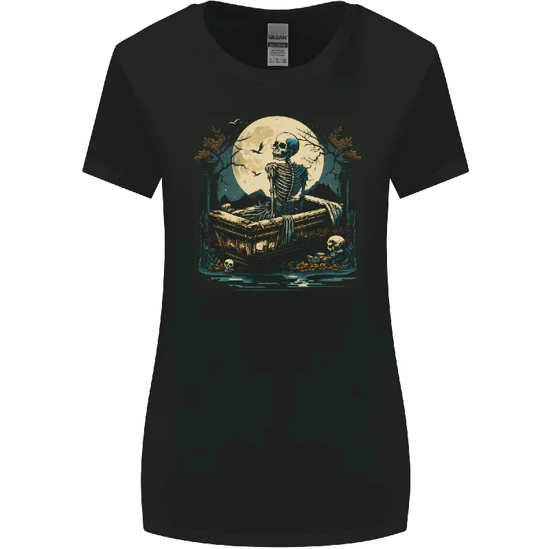 A Skeleton & Coffin in a Graveyard Halloween Womens Wider Cut T-Shirt Print Jacquard Patchwork