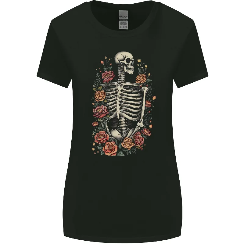 A Skeleton With Flowers Skull Womens Wider Cut T-Shirt Basic T-Shirt Crew Neck Short Sleeve