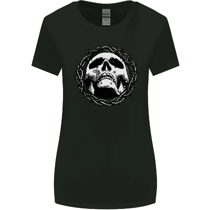 A Skull in Thorns Gothic Christ Jesus Womens Wider Cut T-Shirt Zippered Front Buttoned Front Snap Front