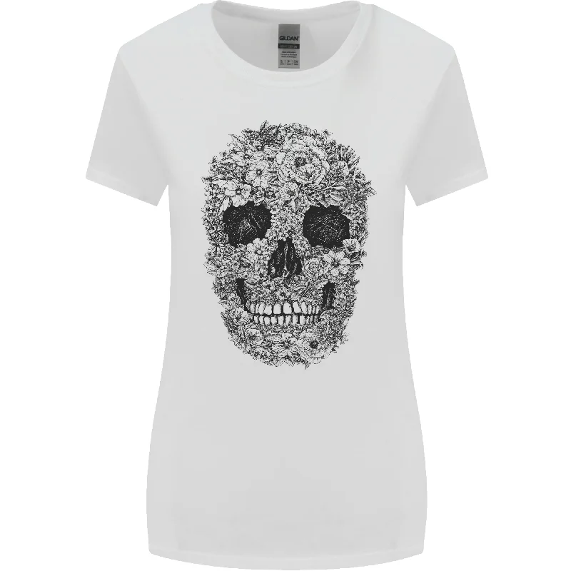 A Skull Made of Flowers Gothic Rock Biker Womens Wider Cut T-Shirt Welt Pockets Slit Pockets