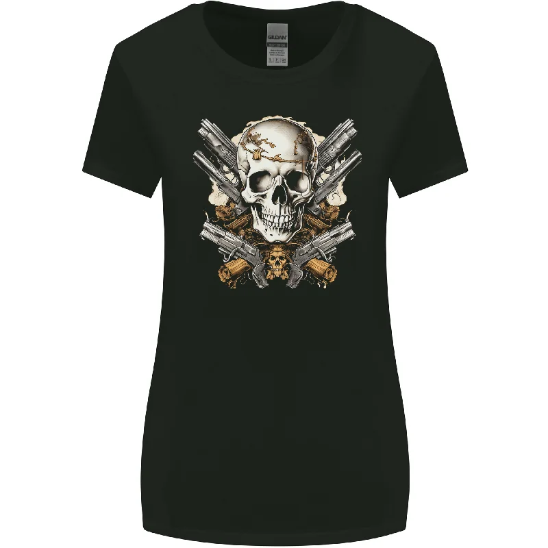 A Skull With Guns Cowboy Biker Womens Wider Cut T-Shirt Print Jacquard Patchwork