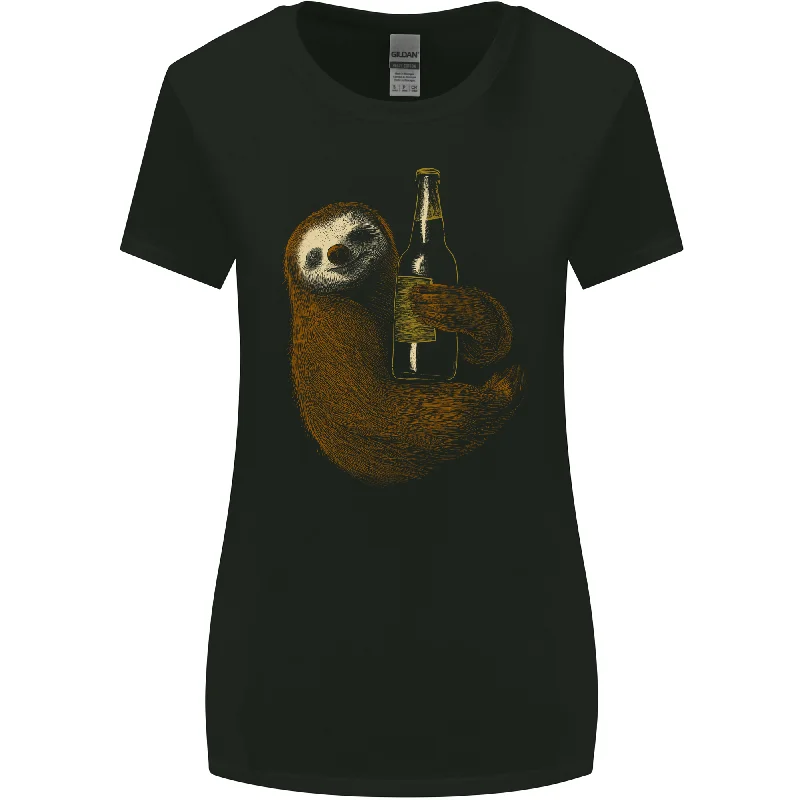 A Sloth With a Bottle of Beer Wine Cider Alcohol Womens Wider Cut T-Shirt Collared Crew Neck Turtle Neck