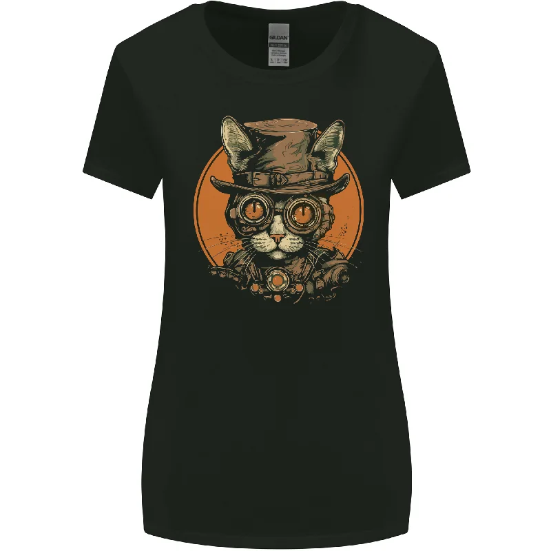 A Steampunk Cat With a Hat & Glasses Womens Wider Cut T-Shirt Solid Print Embellished