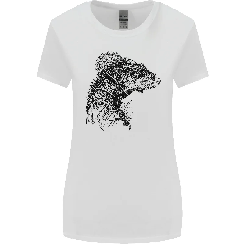 A Steampunk Iguana Lizard Reptiles Womens Wider Cut T-Shirt Solid Print Embellished