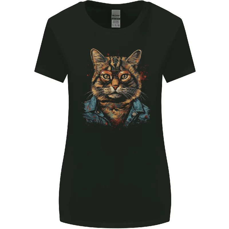 A Streetwise Cat With Glasses Womens Wider Cut T-Shirt Hooded Caped Shawl Collar