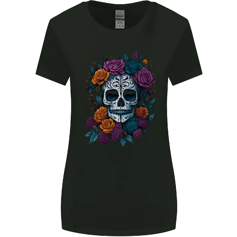 A Sugar Skull With Roses Day of the Dead DOTD Womens Wider Cut T-Shirt Hooded Caped Shawl Collar