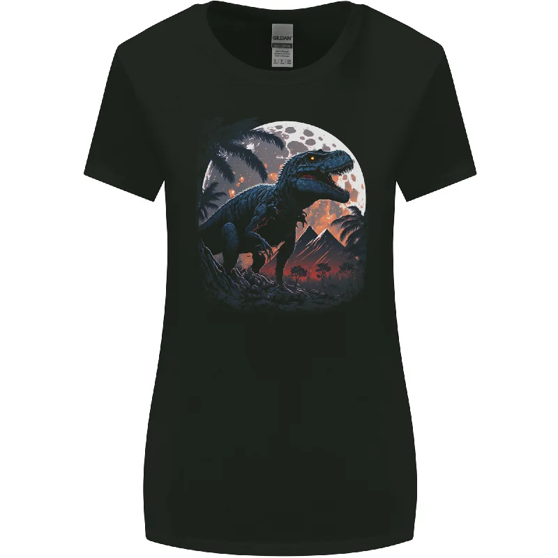 A T-Rex in Front of the Moon Dinosaurs Womens Wider Cut T-Shirt Silk Blend Satin Velvet